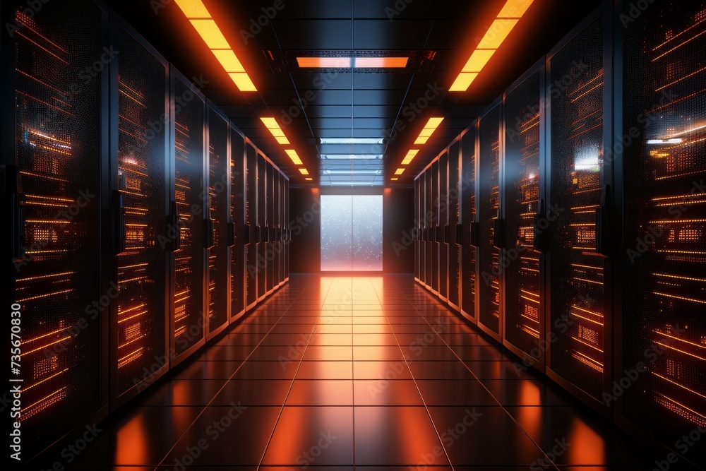 interior of data center server room at night illuminated by orange lights with rows of black cabinets protecting servers with display of data numbers - obrazy, fototapety, plakaty 