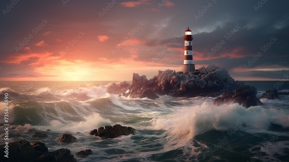 A lighthouse standing on a cliff, the ocean waves gently crashing below, under a twilight sky