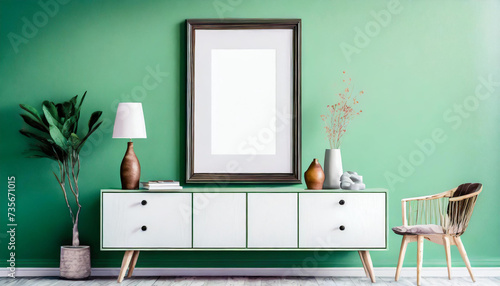 Mockup frame broder with wooden cupboard and green wall  3d Renderer
