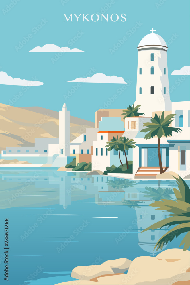 Fototapeta premium Mykonos retro city poster with abstract shapes of skyline, buildings. Vintage Greece island, Cyclades, Chora town travel vector illustration