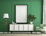 Mockup frame broder with wooden cupboard and green wall, 3d Renderer