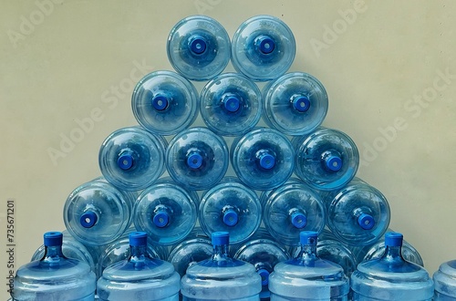 Stack of empty water bottles jugs closeup details