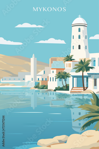 Mykonos retro city poster with abstract shapes of skyline, buildings. Vintage Greece island, Cyclades, Chora town travel vector illustration