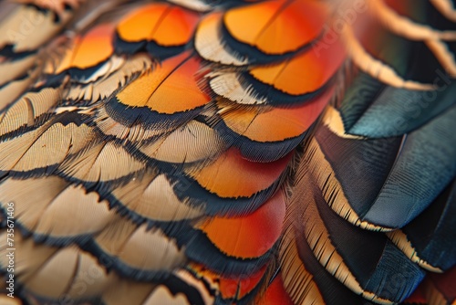 Closeup abstract background image of colorful ring-necked pheasant feathers. photo