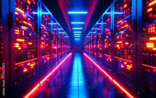 High-Tech Data Center Server Racks with Glowing LED Lights, Symbolizing Network Infrastructure, Cloud Computing and Information Technology