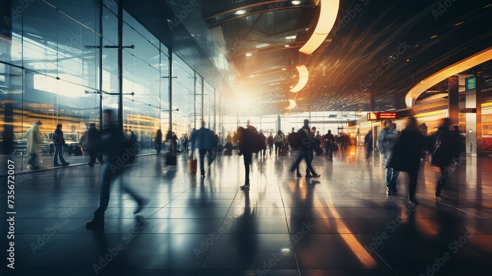 A bustling airport terminal scene with blurred travelers with baggage in motion.