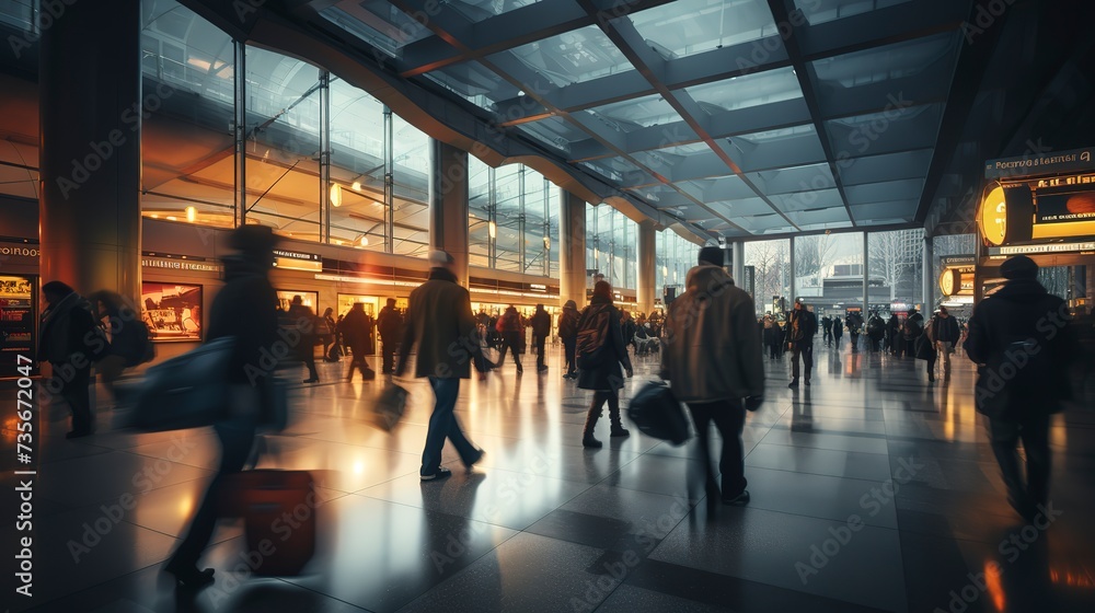 A bustling airport terminal scene with blurred travelers with baggage in motion.