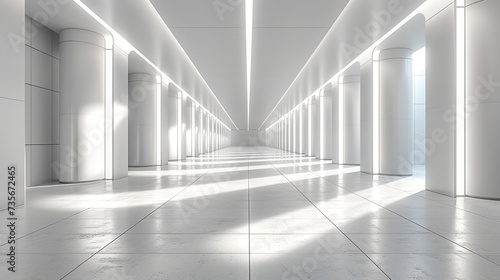 3D render of a corridor with white floor and walls. Created with Ai