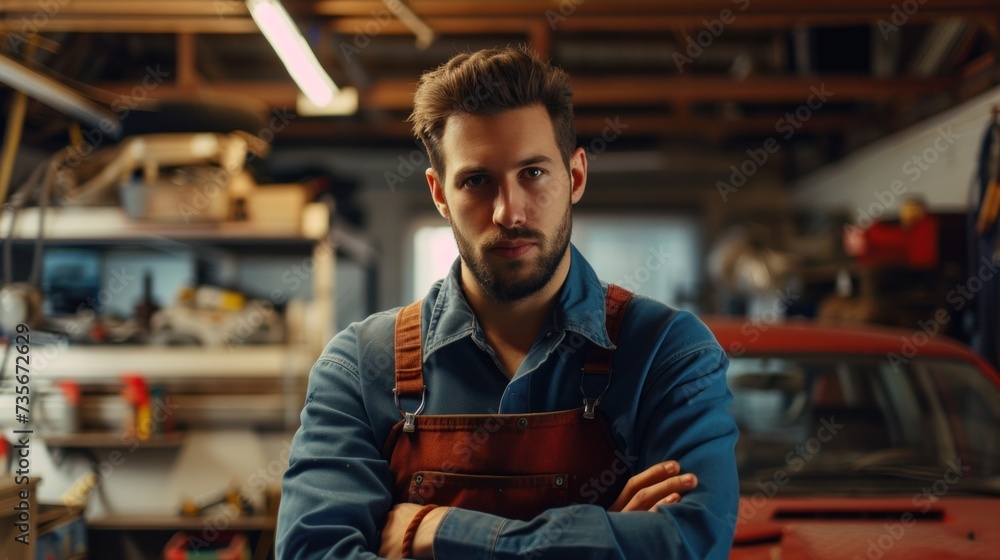 Attractive male mechanic working in car service department - obrazy, fototapety, plakaty 