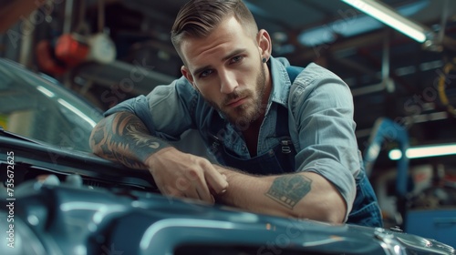 Attractive male mechanic working in car service department