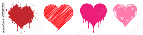set of red heart, sketch, paint, drip, splatter heart shape