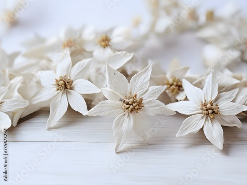 Beautiful white flowers on white wooden background, closeup. Space for text. AI Generated © Sharmin18april