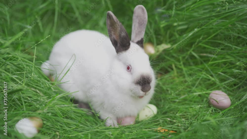 Easter white bunny and Easter eggs on green grass Easter white bunny and Easter eggs on green grass