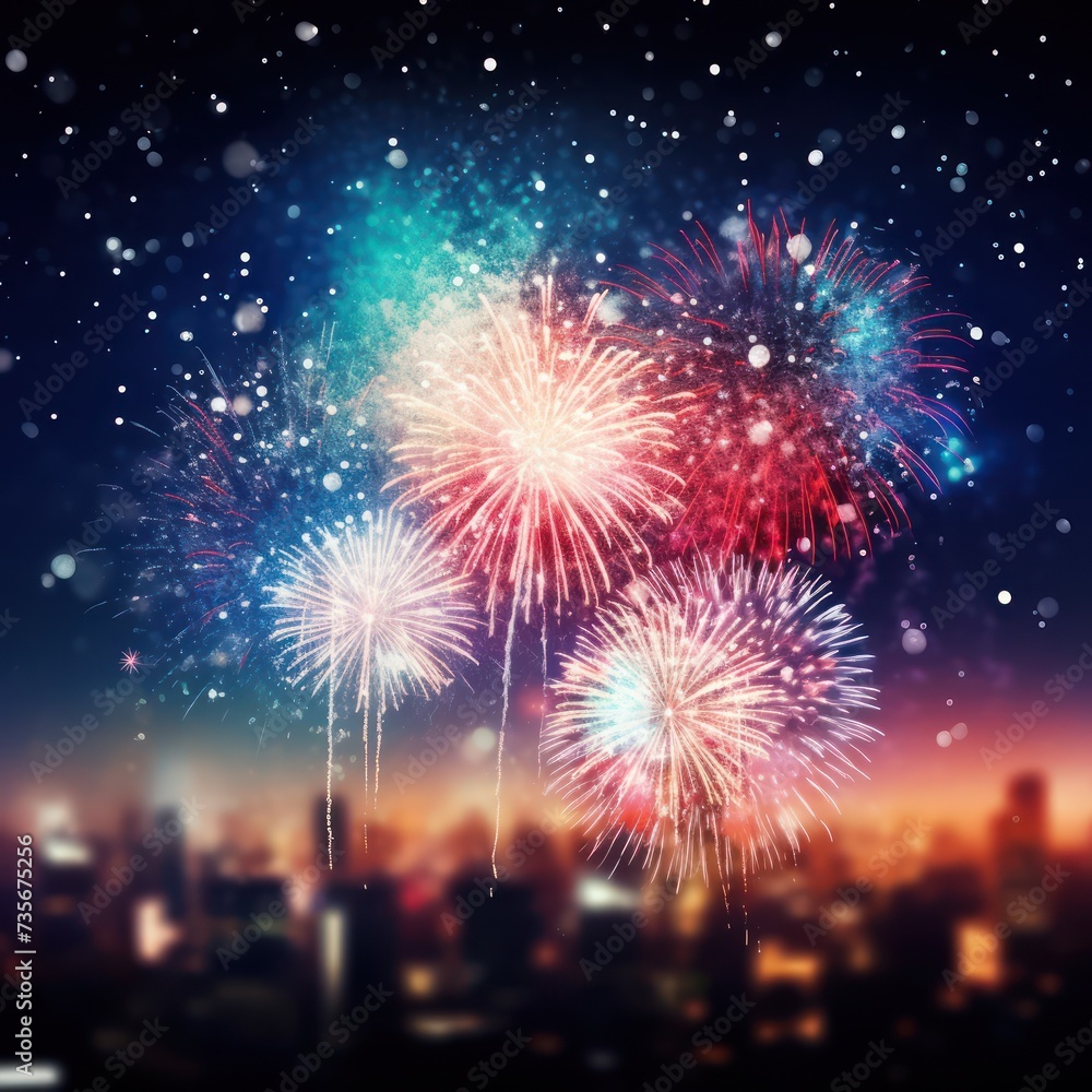 illustration - colorful fireworks in the night sky, bokeh blur background, out of focus city lights, background image.