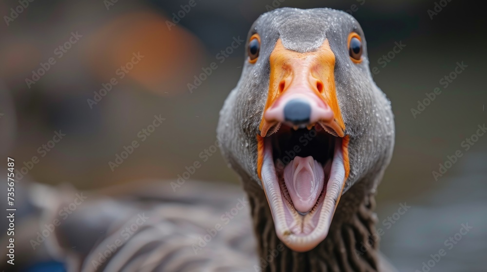 Close-up shot captures an angry goose in an aggressive stance, its beak wide open in attack mode, Ai Generated. Close-up shot captures an angry goose in an aggressive stance, its beak wide open in attack mode, Ai Generated.
