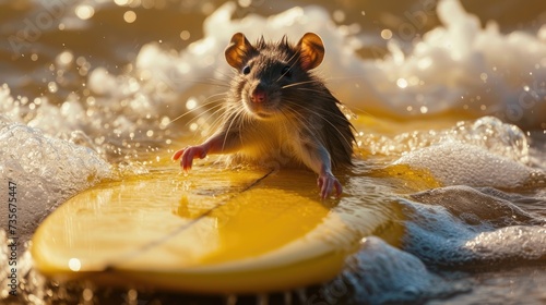 A cute rat surfer enjoys a fun-filled summer day at the beach, riding waves with enthusiasm, Ai Generated.