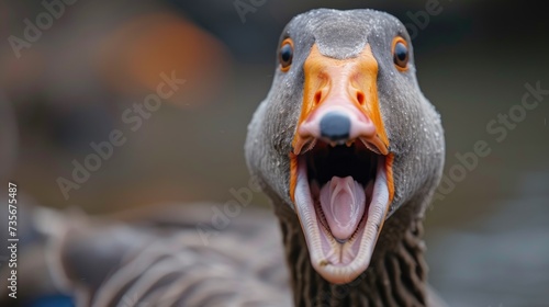 Close-up shot captures an angry goose in an aggressive stance, its beak wide open in attack mode, Ai Generated. © Crazy Juke