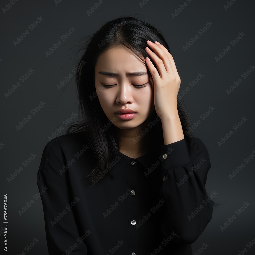 A Depressed frustrated young Asian woman suffering from headache, migraine, touching face, head with closed eyes, feeling stressed, sick, tired, thinking over bad news, problems, crisis. A Depressed frustrated young Asian woman suffering from headache, migraine, touching face, head with closed eyes, feeling stressed, sick, tired, thinking over bad news, problems, crisis.