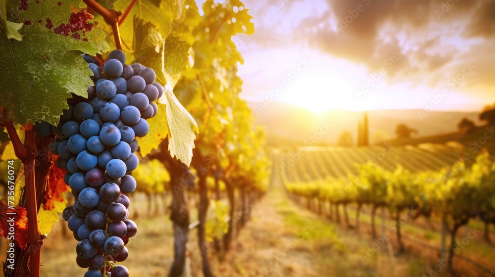 Ripe grapes bask in the sunset glow of a vineyard in Tuscany, Italy, Ai Generated. - obrazy, fototapety, plakaty 