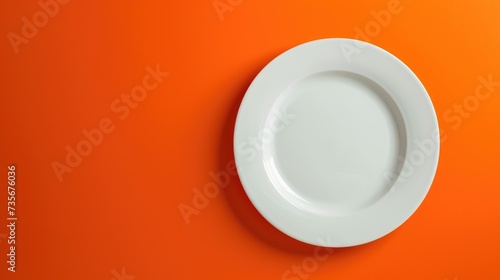 Top-down view of a white empty plate placed on a vibrant orange background, creating a striking contrast, Ai Generated.