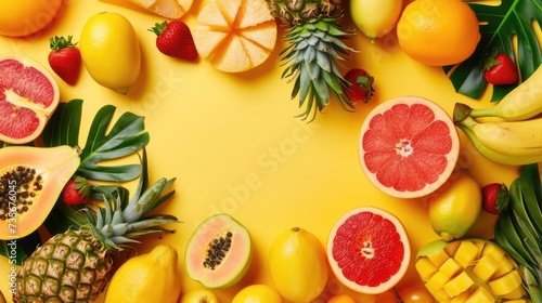 Assortment of fresh tropical fruits arranged on an exotic yellow background  radiating vibrant colors and flavors  Ai Generated.