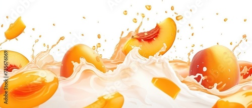 Peach and mango blend into milk, yogurt, sour cream, creating a refreshing splash, Ai Generated.