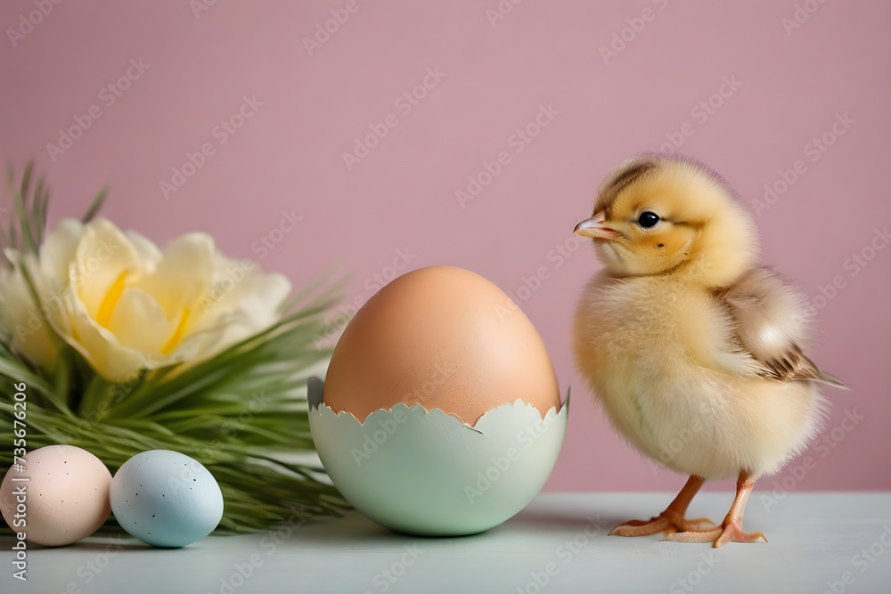 Easter, a cute chick and an egg, simple background. Generative AI Easter, a cute chick and an egg, simple background. Generative AI