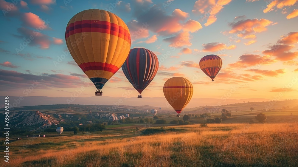 Obraz premium Hot air balloons ascend, a colorful spectacle against the dawn, Ai Generated.
