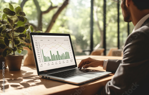 businessman using laptop and a laptop screen showing a business graph, in the style of bauhaus functional design, ethereal trees, oshare kei, selective focus, group material, screen format, blueprint 