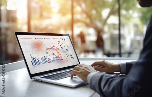 businessman using laptop and a laptop screen showing a business graph, in the style of bauhaus functional design, ethereal trees, oshare kei, selective focus, group material, screen format, blueprint 