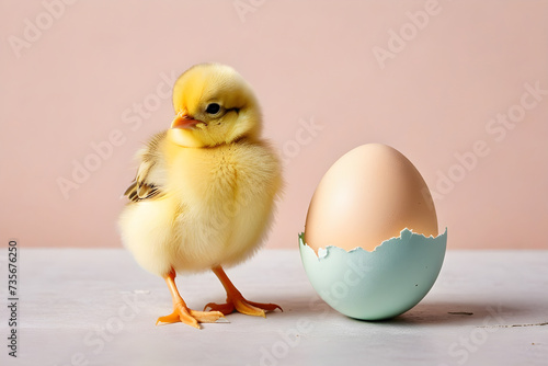 Easter, a cute chick and an egg, simple background. Generative AI © 냥냥냥 난