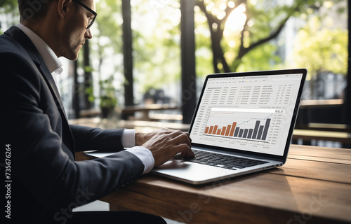 businessman using laptop and a laptop screen showing a business graph, in the style of bauhaus functional design, ethereal trees, oshare kei, selective focus, group material, screen format, blueprint 