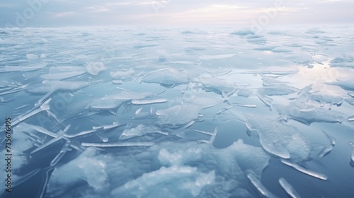 The serene, frozen surface of a lake in winter, ice crystals forming intricate patterns, the air crisp and clear © Jigxa