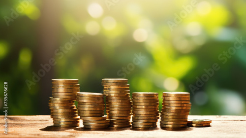 Coins stacked on wooden table against a green bokeh background, symbolizing prosperity. Ai Generated