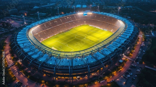Aerial view of a soccer stadium in the evening a captivating sports panorama. Twilight allure, Ai Generated. © Crazy Juke
