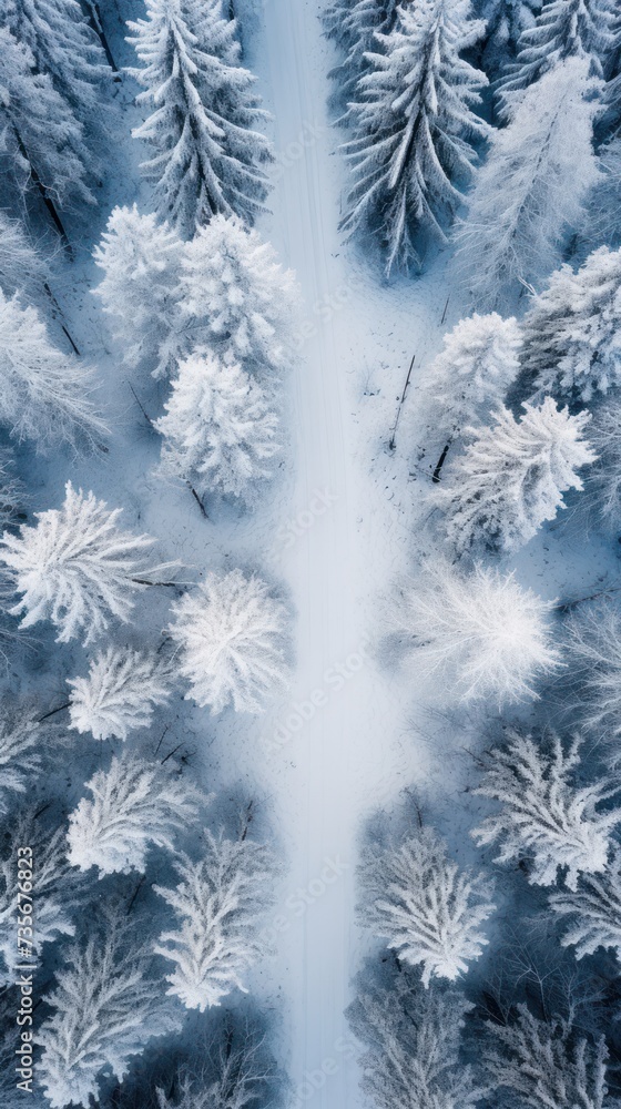 A drone's bird's eye view captures an empty forest road and snow-covered trees amidst the beauty of winter. A drone's bird's eye view captures an empty forest road and snow-covered trees amidst the beauty of winter.