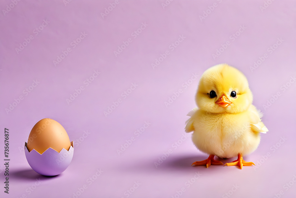 Easter, a cute chick and an egg, simple background. Generative AI