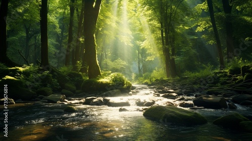 The soft murmur of a creek flowing through a serene forest  sunlight filtering through the canopy above