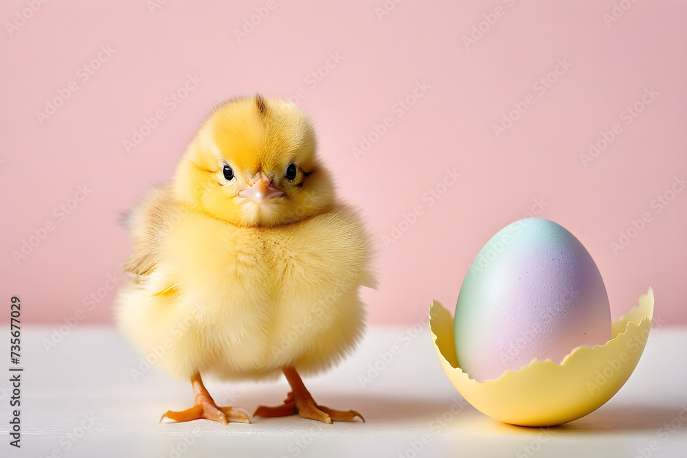 Easter, a cute chick and an egg, simple background. Generative AI Easter, a cute chick and an egg, simple background. Generative AI