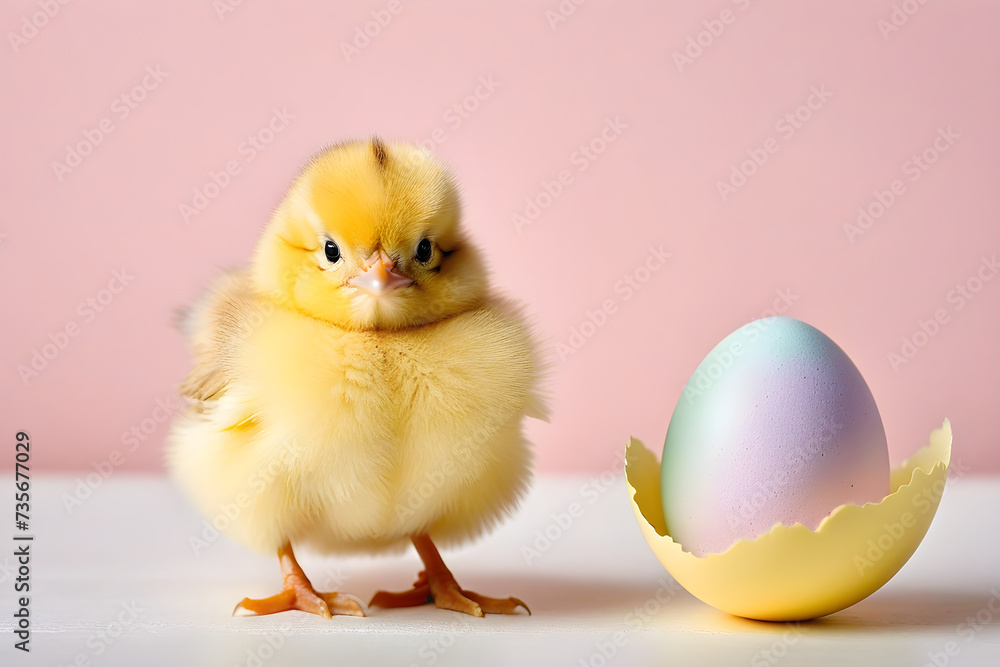 Easter, a cute chick and an egg, simple background. Generative AI