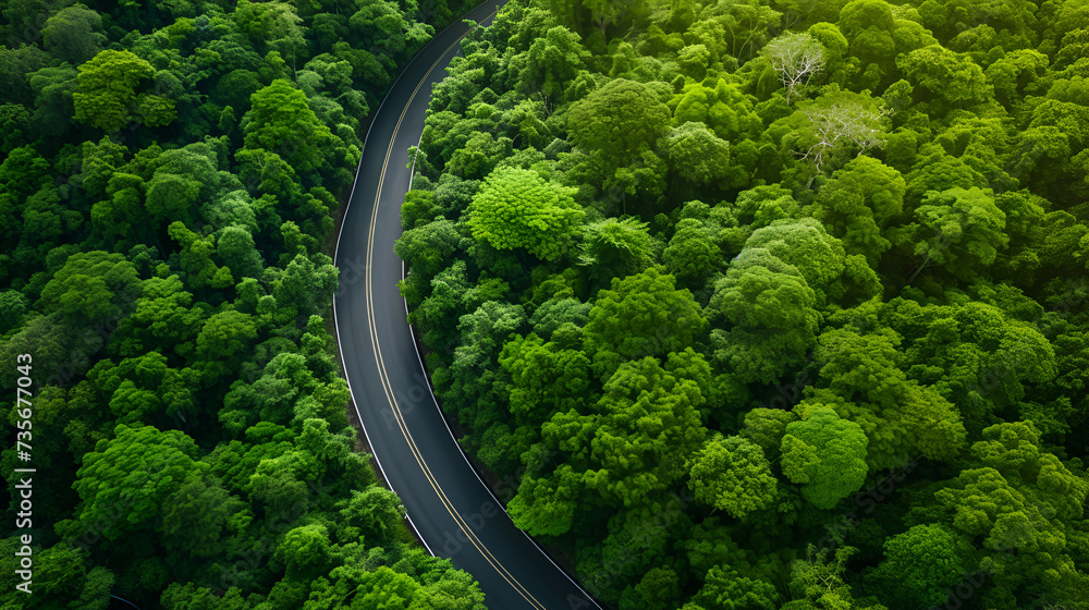 Aerial view green forest and asphalt road, Top view forest road going through forest with car adventure, Ecosystem ecology healthy environment road trip travel, generative ai