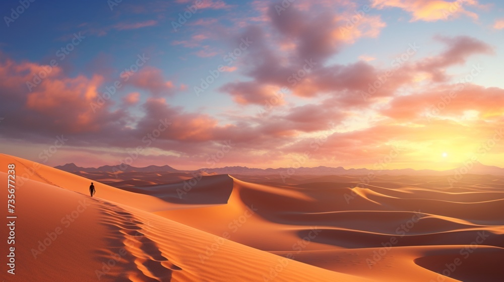 The vast expanse of the desert at sunset, the sand dunes casting long shadows, and the sky ablaze with colors