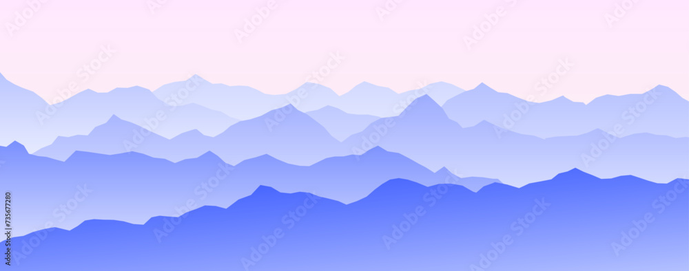 Mountain range silhouette on sunset or sunrise. Morning panoramic landscape view. Mountain ridges and hills background. Blue and pink mount peaks with mist and fog. Vector illustration 