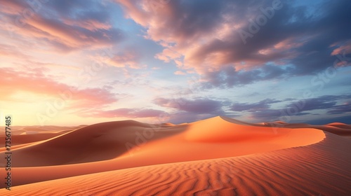 The vast expanse of the desert at sunset  the sand dunes casting long shadows  and the sky ablaze with colors