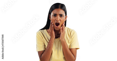 Foto Gossip, woman and confused in portrait, surprise and secret or isolated on transparent png background