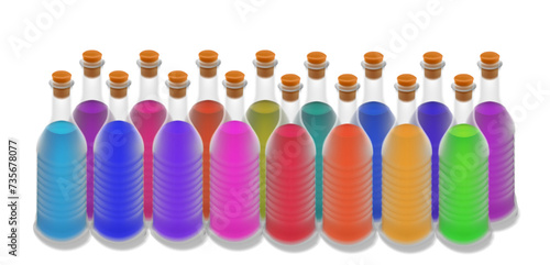 The group of 16 ribbed realistic glass bottles isolated on white background. Each bottle filled with a various color liquid: red, puprple, blue, pink, red, yellow, orange, green. Isometric view.