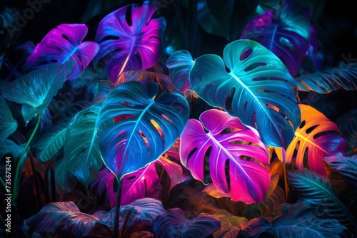 neon Monstera deliciosa leaves growing in tropical forest for creative design elements