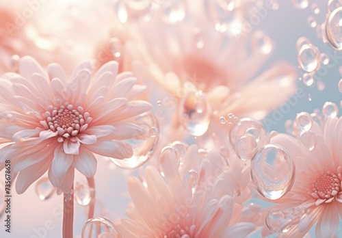  flowers with bubbles and water droplets on them. Generative AI.