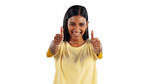 Portrait, happy woman and thumbs up agreement, success or hand support sign on isolated, transparent or png background. Success, emoji and excited person with feedback, thank you or vote motivation