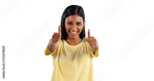 Portrait, happy woman and thumbs up agreement, success or hand support sign on isolated, transparent or png background. Success, emoji and excited person with feedback, thank you or vote motivation © peopleimages.com